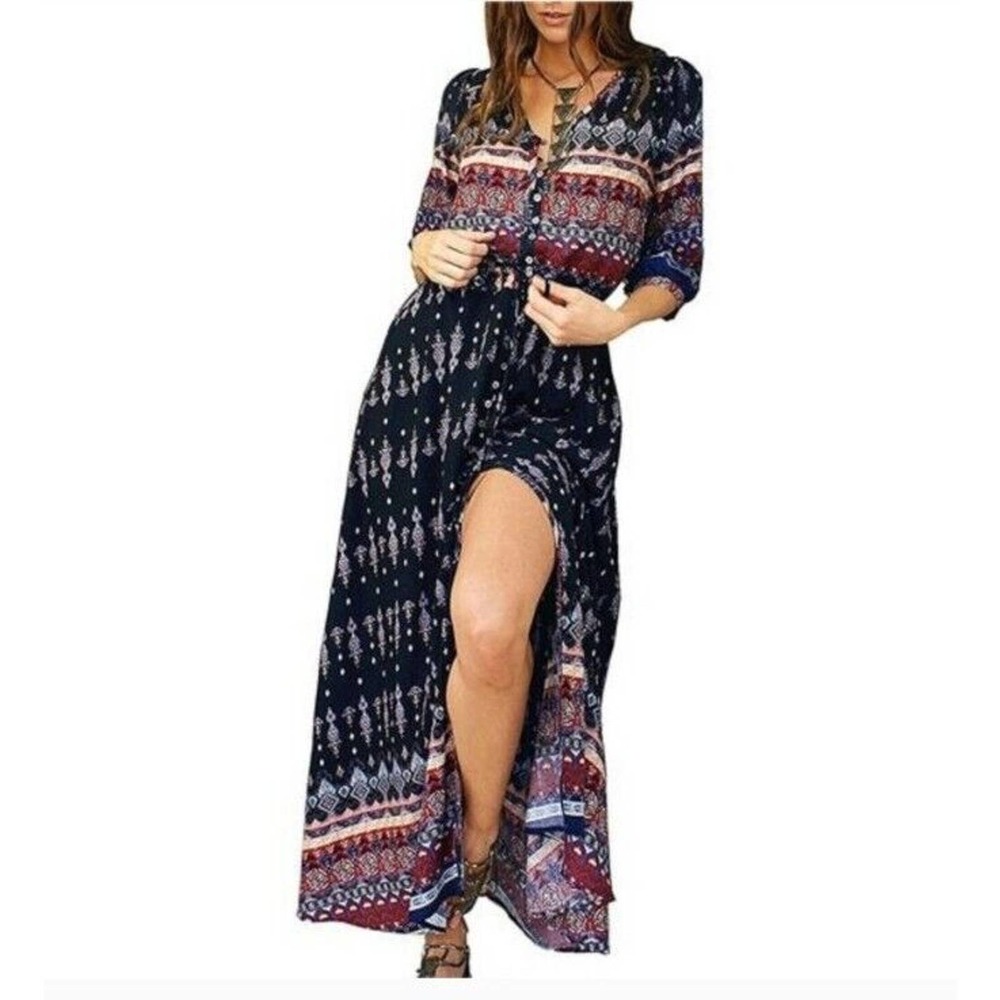 EUC Womens Boho R. Vivimos Black, Pink, Blue Floral Button Up Dress Large